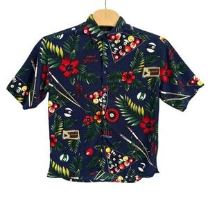 Box Office Island Mens Navy Maui Billiards Hawaiian Shirt Pool Cue Print Size M